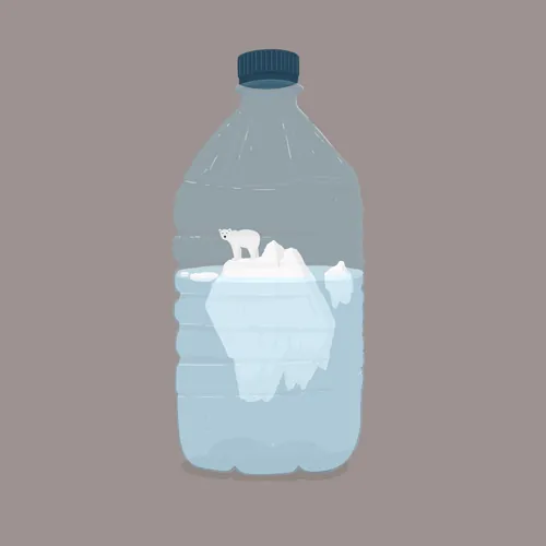 Illustration of polar bear on iceberg inside plastic bottle by Samy Löwe