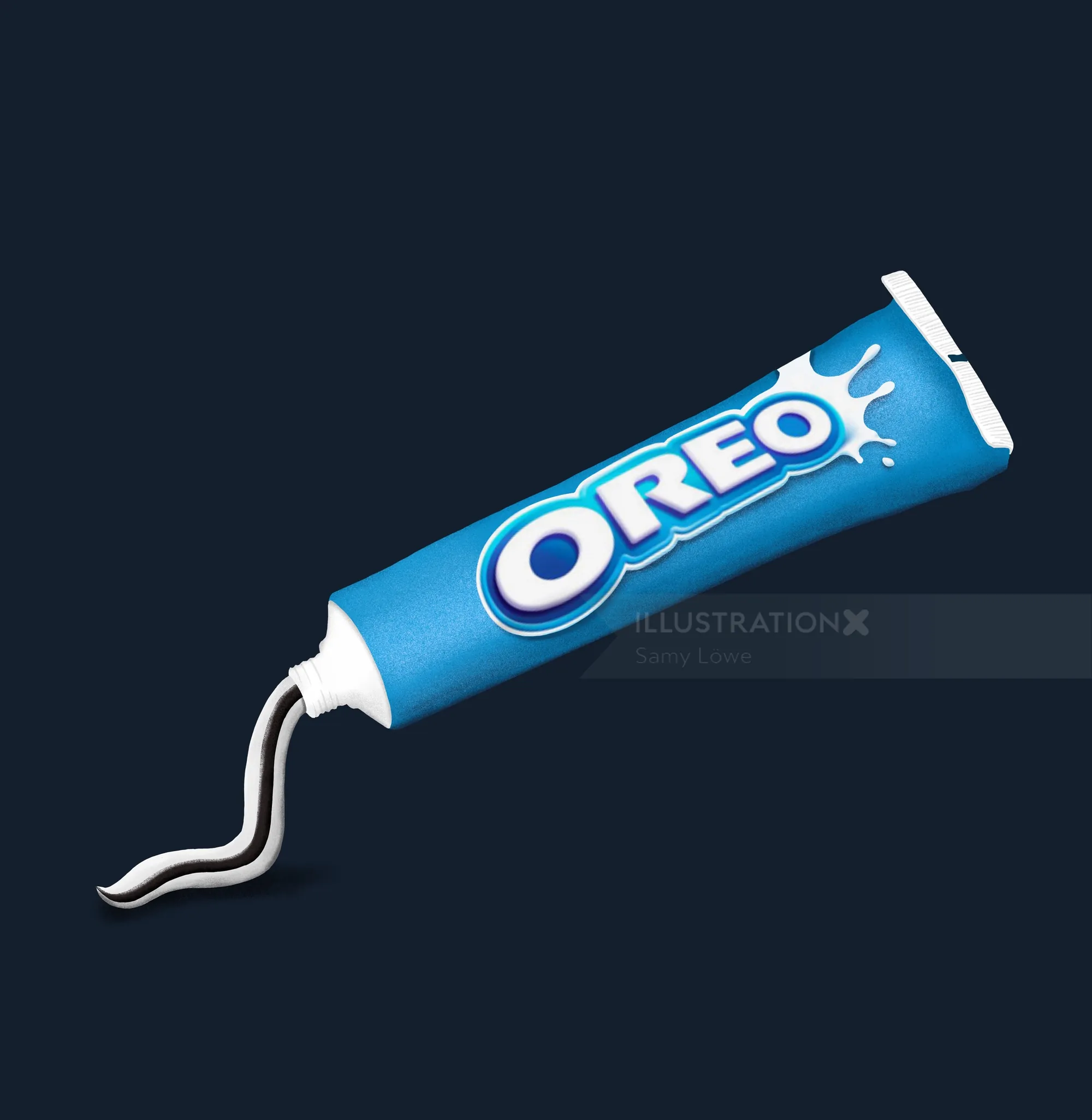 Illustration of a tube squeezing out Oreo cookie cream, art by Samy Löwe