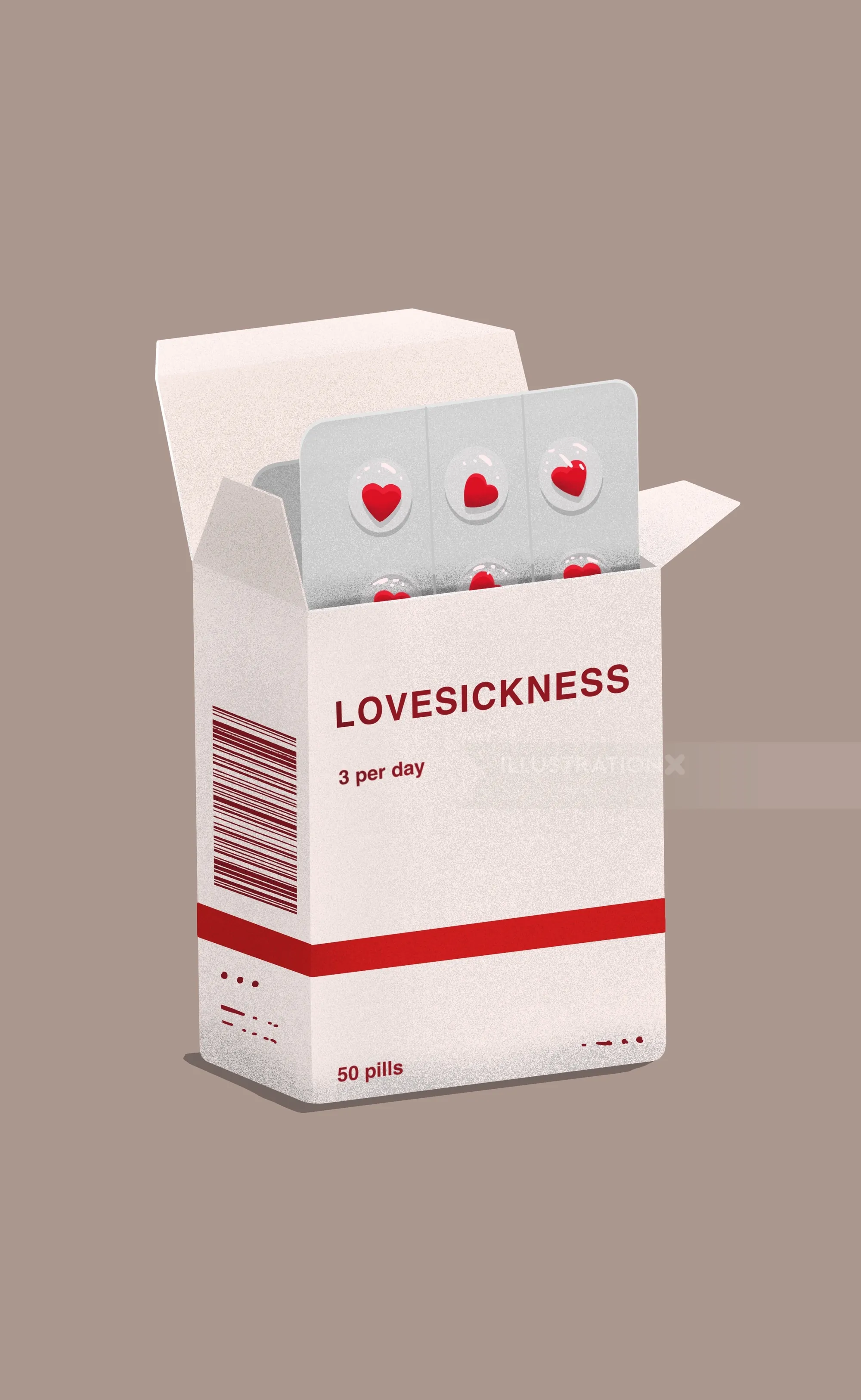 Medicine box labeled Lovesickness with heart-shaped pills by Samy Löwe