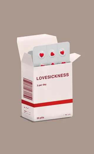 Medicine box labeled Lovesickness with heart-shaped pills by Samy Löwe
