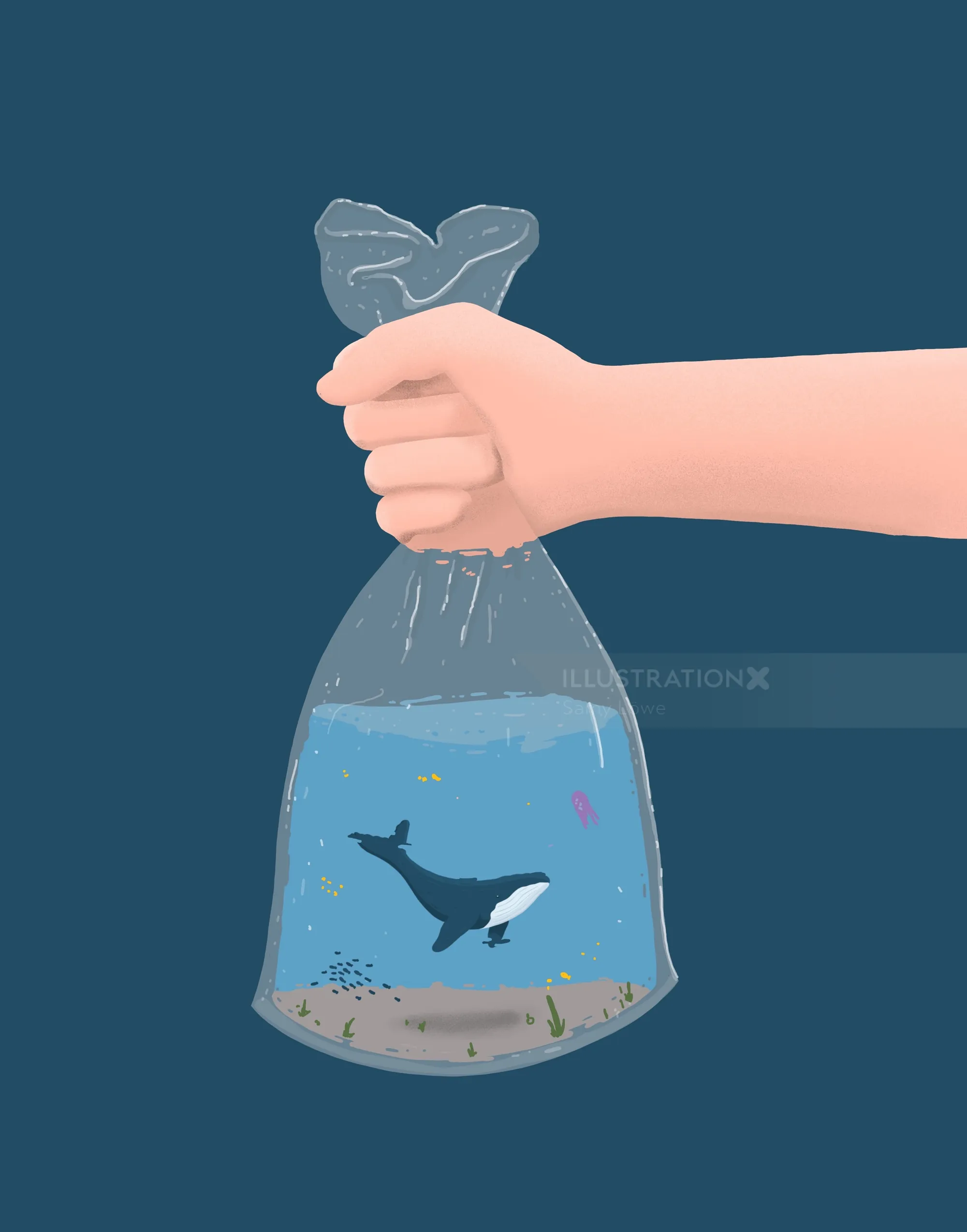 Illustration of a hand holding a plastic bag with a whale inside by Samy Löwe