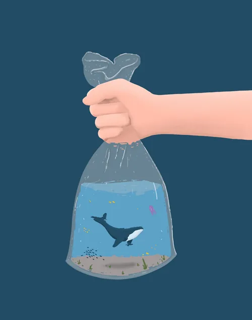 Illustration of a hand holding a plastic bag with a whale inside by Samy Löwe