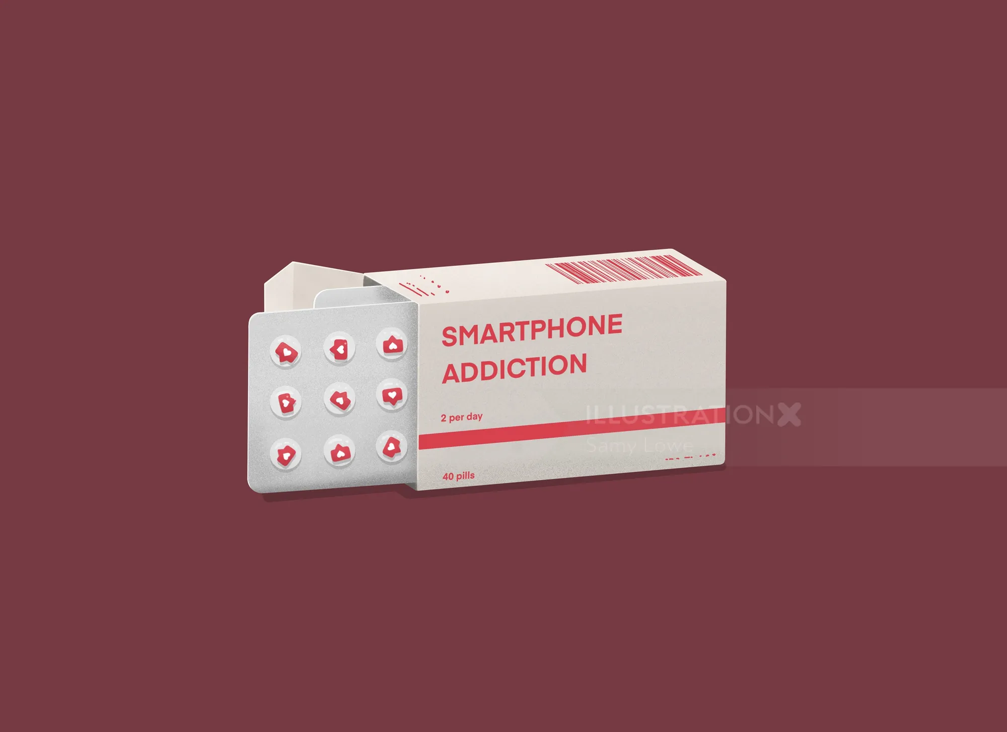 Conceptual smartphone addiction medication pack with pill icons by Samy Löwe