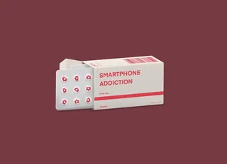 Conceptual smartphone addiction medication pack with pill icons by Samy Löwe