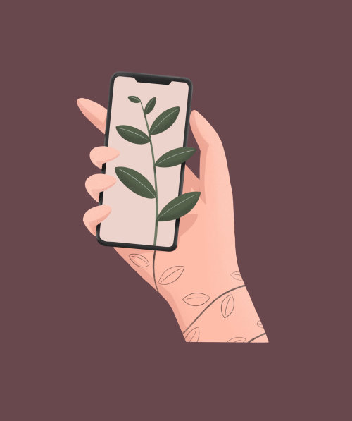 Mão gráfica com celular e planta