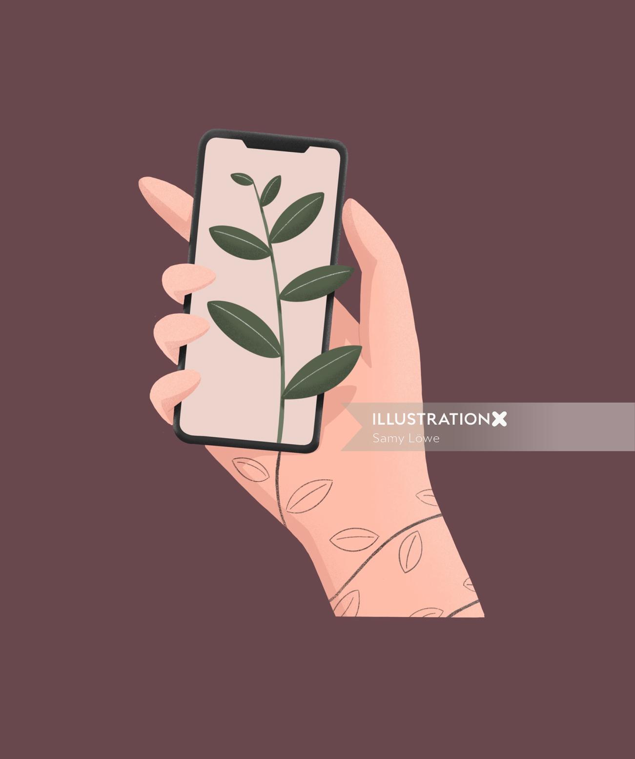 携帯電話と植物とグラフィックの手