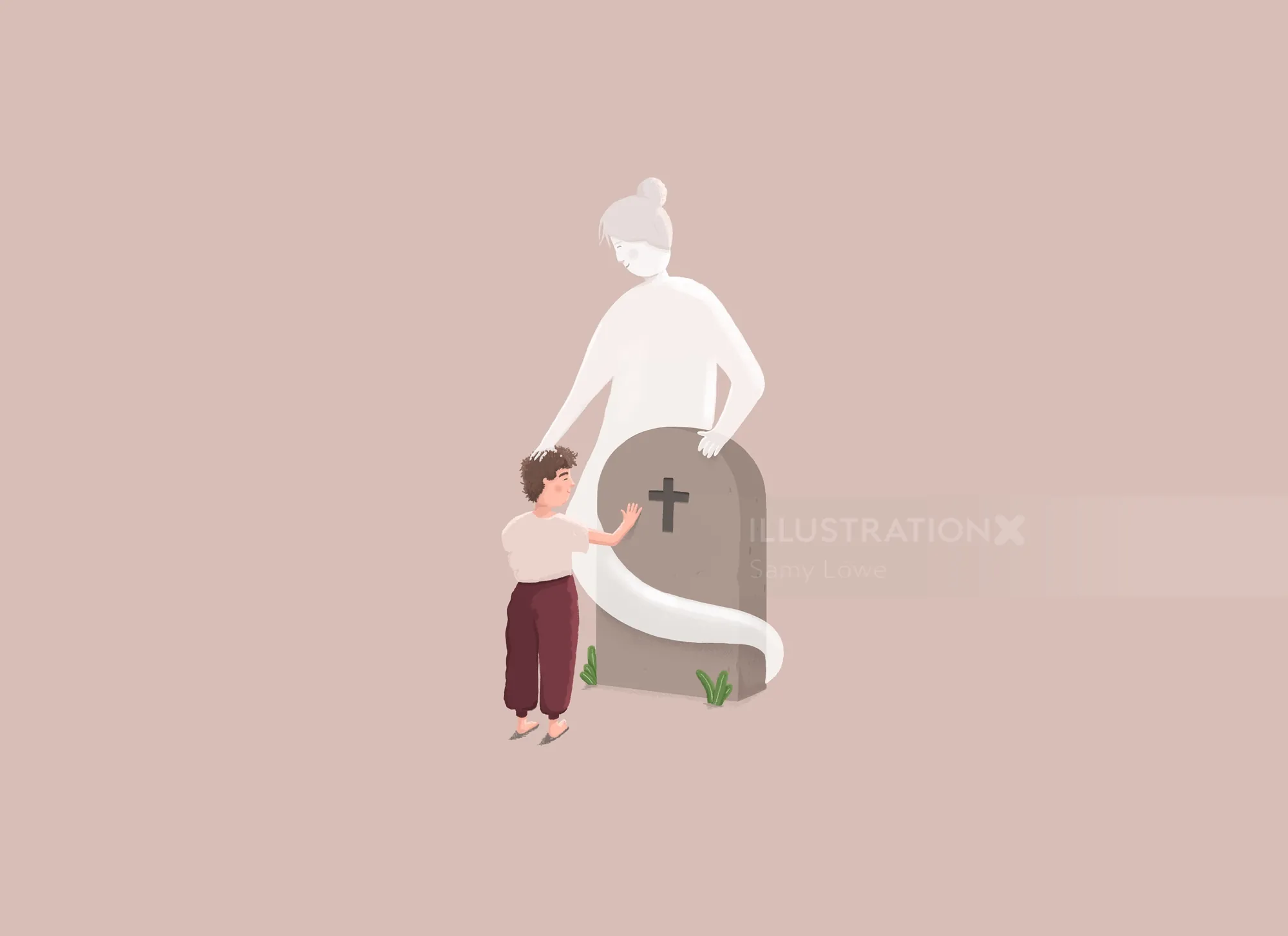 Child touching gravestone with ghostly figure behind by Samy Löwe