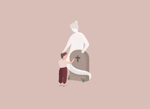 Child touching gravestone with ghostly figure behind by Samy Löwe