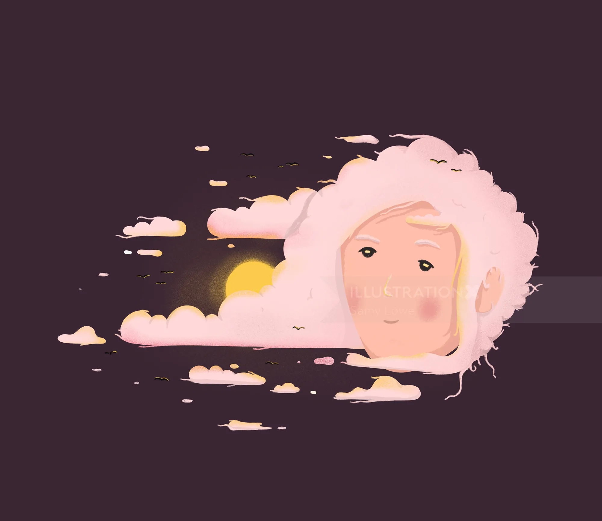 Surreal digital artwork of a face merging with glowing clouds by Samy Löwe