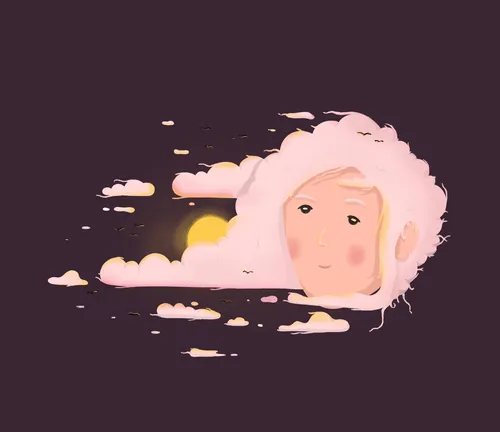 Surreal digital artwork of a face merging with glowing clouds by Samy Löwe