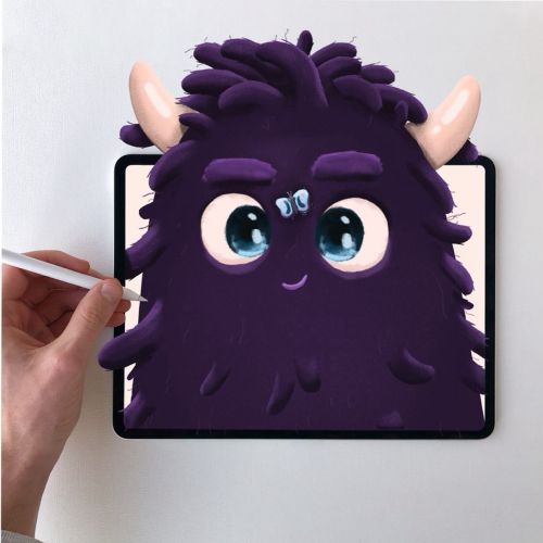 Digital drawing of a purple furry monster with big eyes and horns by Samy Löwe