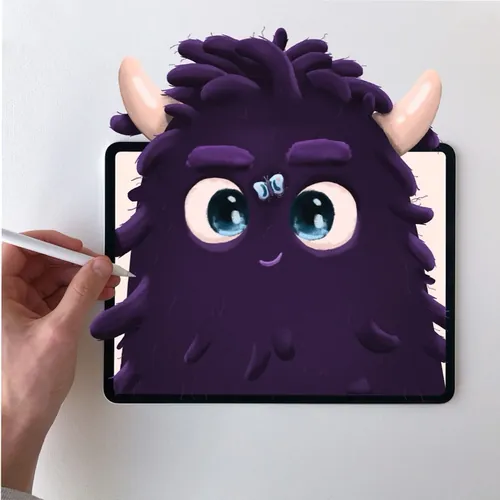 Digital drawing of a purple furry monster with big eyes and horns by Samy Löwe