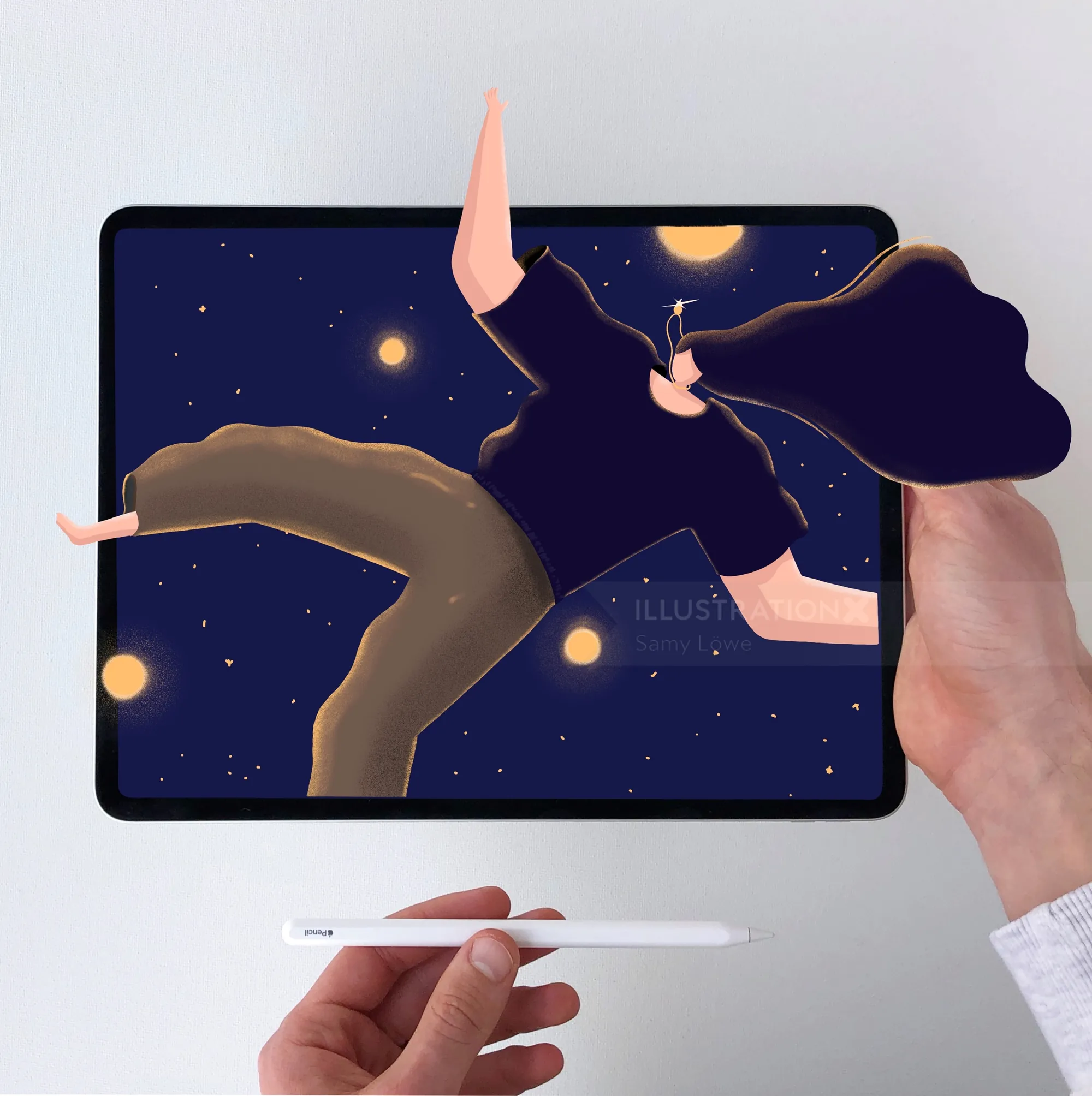 Digital tablet displaying floating figure in starry night, hand holding stylus by Samy Löwe