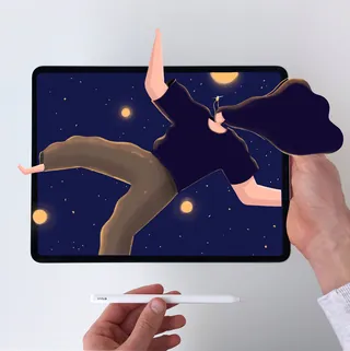 Digital tablet displaying floating figure in starry night, hand holding stylus by Samy Löwe
