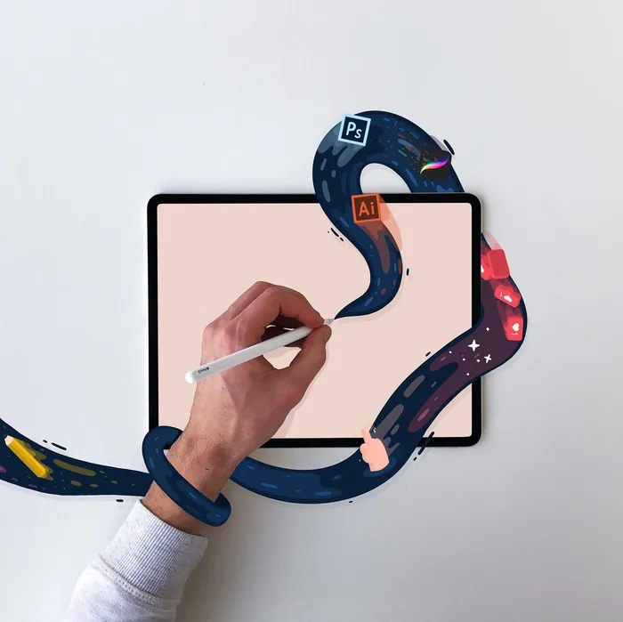 Hand drawing on tablet with Photoshop and Illustrator icons by Samy Löwe