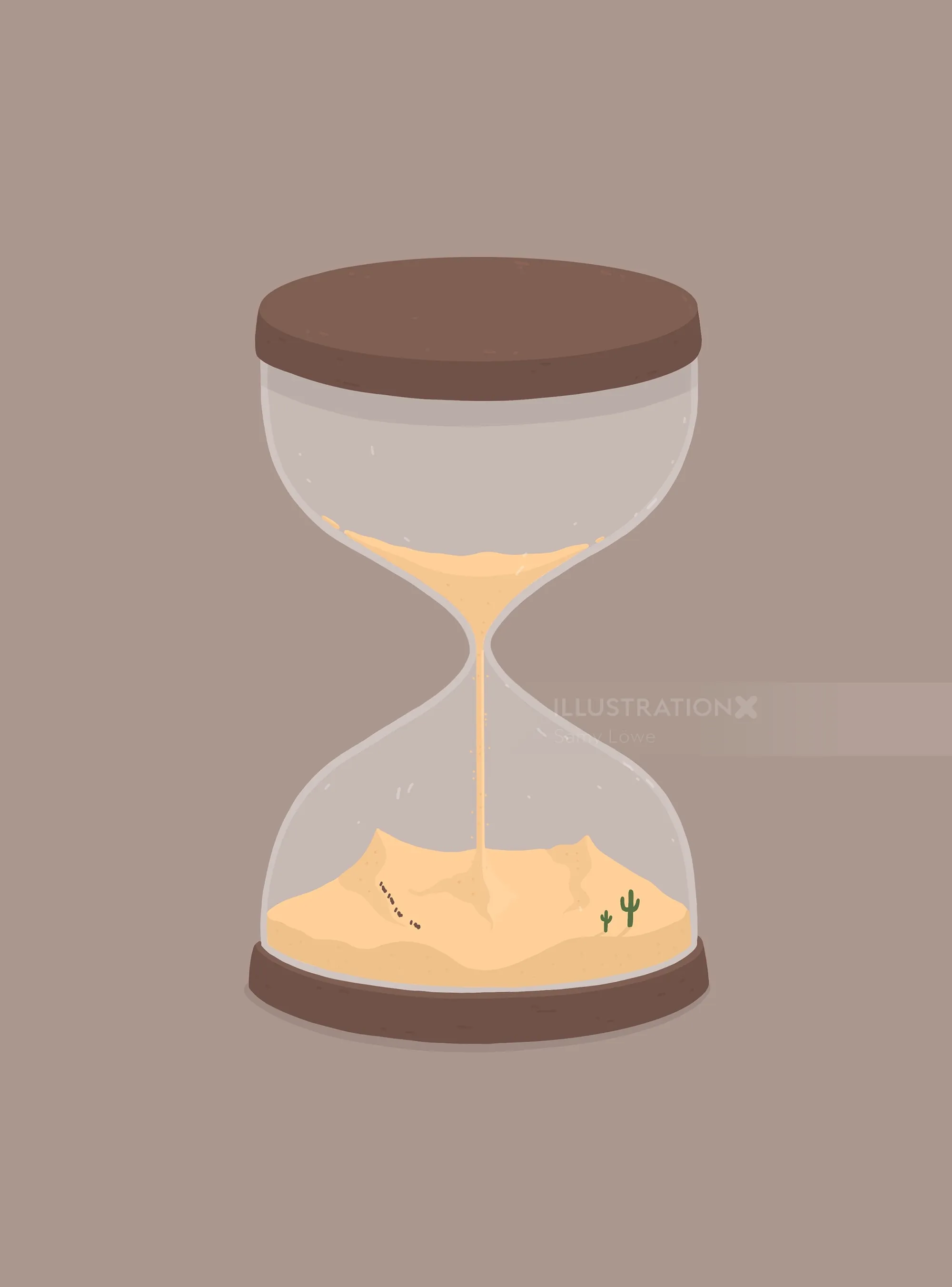 Hourglass with sand and small desert plants inside by Samy Löwe