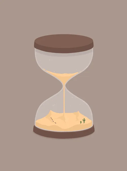 Hourglass with sand and small desert plants inside by Samy Löwe