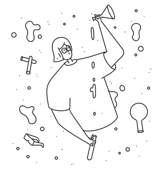 Line drawing of person holding wrench and megaphone by Samy Löwe