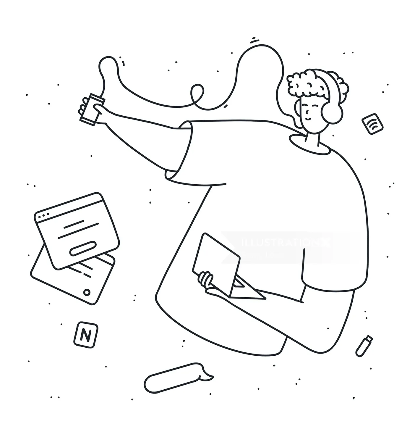 Line art of person with headphones holding smartphone and tablet by Samy Löwe