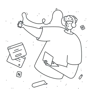 Line art of person with headphones holding smartphone and tablet by Samy Löwe