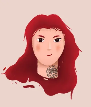 Digital portrait of woman with red hair and rose tattoo by Samy Löwe