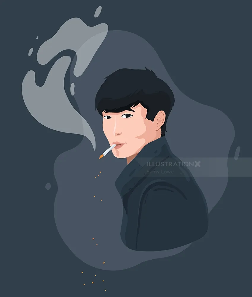 Portrait of a man smoking a cigarette with smoky background by Samy Löwe