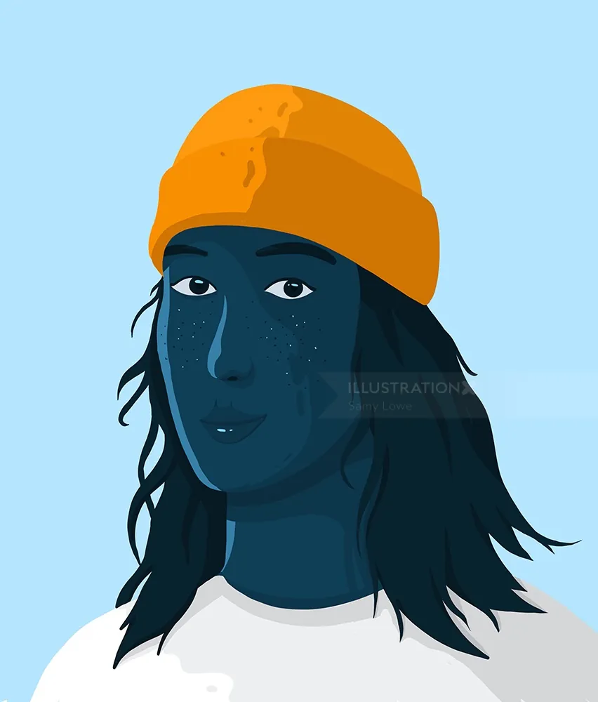 Portrait of a woman with dark blue skin and orange beanie by Samy Löwe