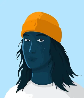 Portrait of a woman with dark blue skin and orange beanie by Samy Löwe