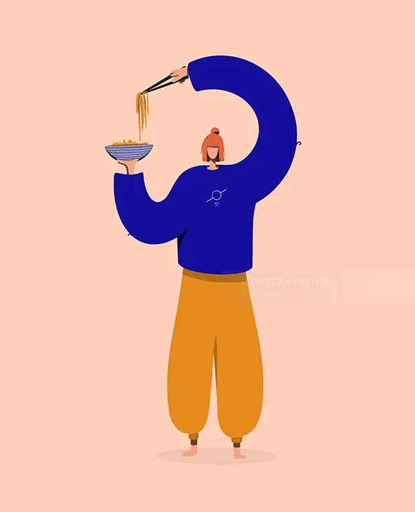 Illustration of person serving noodles with chopsticks by Samy Löwe