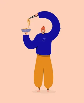 Illustration of person serving noodles with chopsticks by Samy Löwe
