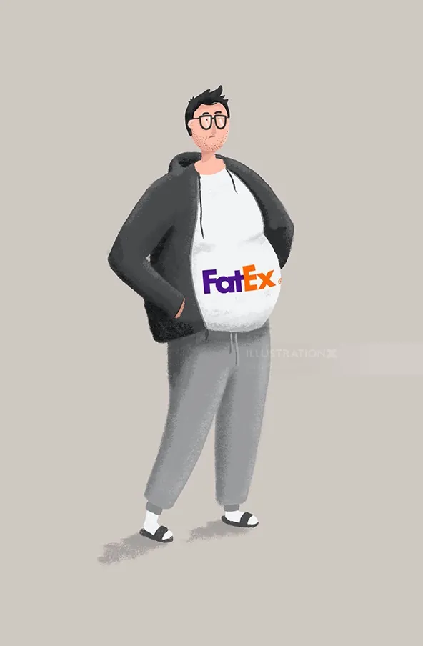 Illustration of a person with glasses wearing a FatEx logo t-shirt by Samy Löwe