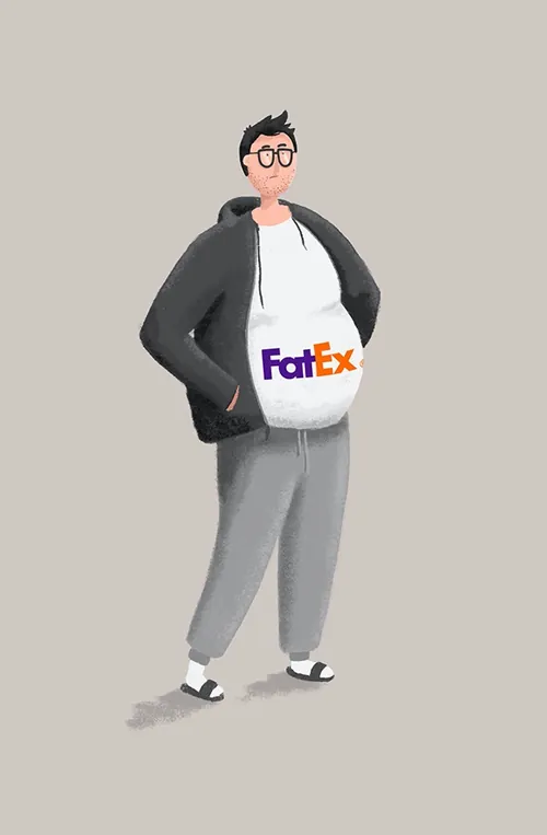 Illustration of a person with glasses wearing a FatEx logo t-shirt by Samy Löwe