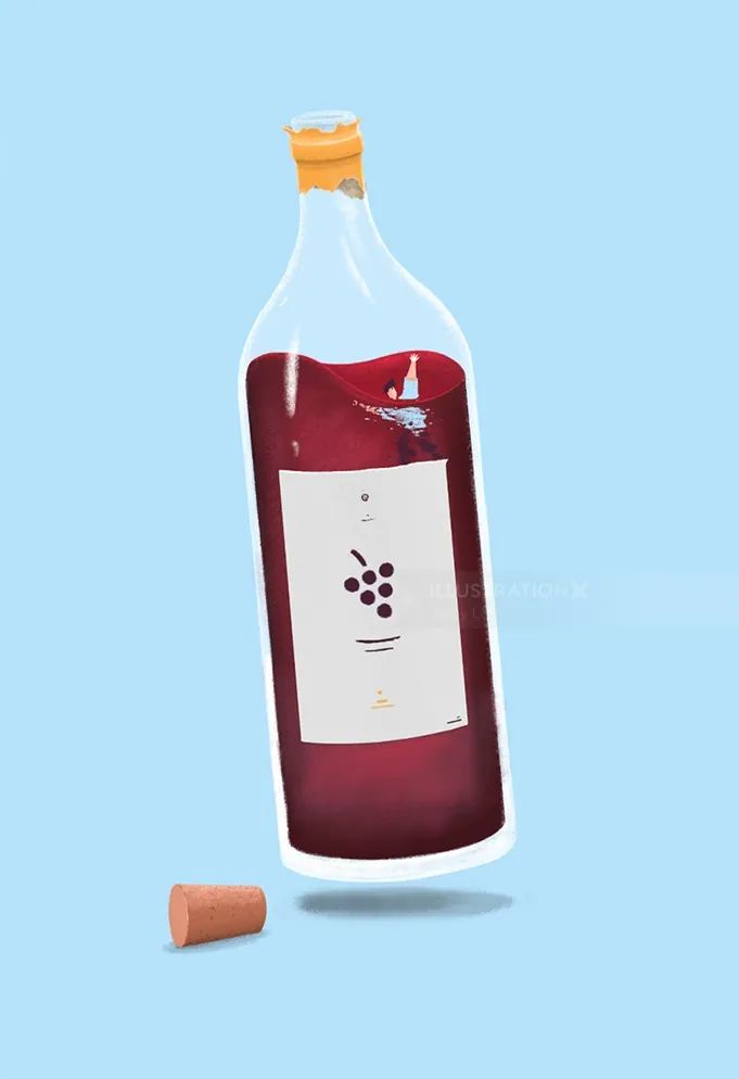 Illustration of a red wine bottle with cork by Samy Löwe