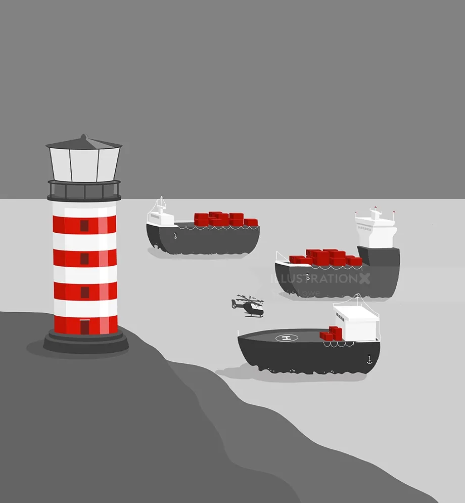 Lighthouse and cargo ships near shore with grey sky by Samy Löwe