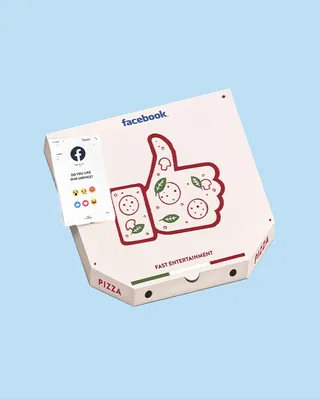 Pizza box with Facebook thumbs-up logo decorated with pizza toppings by Samy Löwe