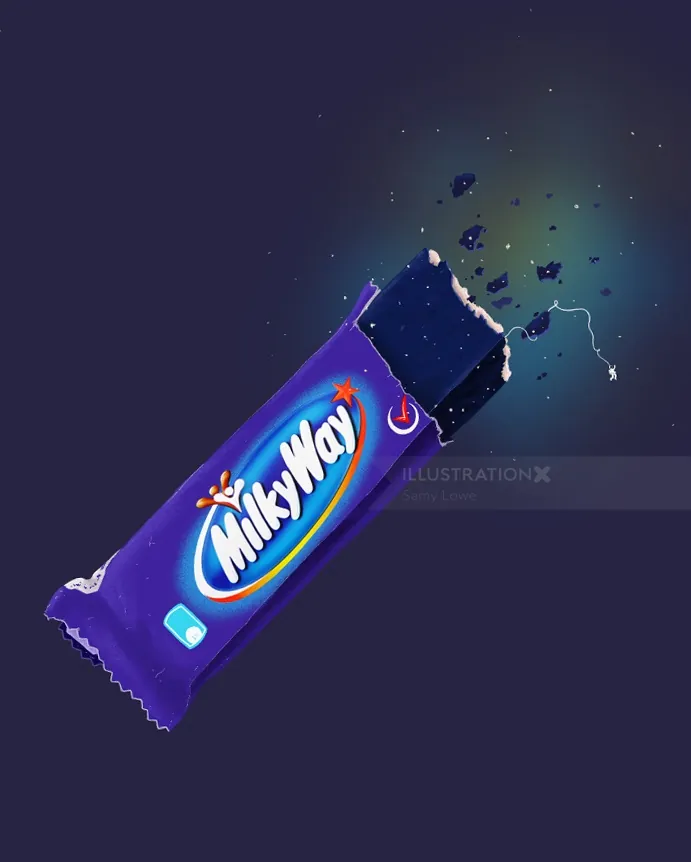 Illustration of a bitten Milky Way chocolate bar with glowing crumbs by Samy Löwe