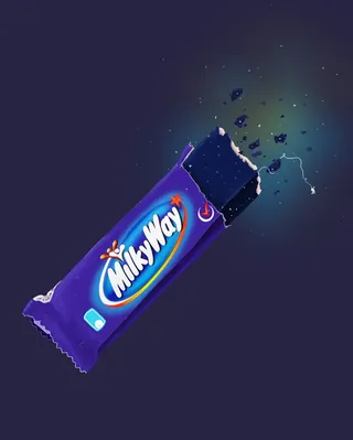 Illustration of a bitten Milky Way chocolate bar with glowing crumbs by Samy Löwe