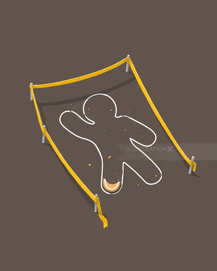 Gingerbread man crime scene outline with bitten arm by Samy Löwe
