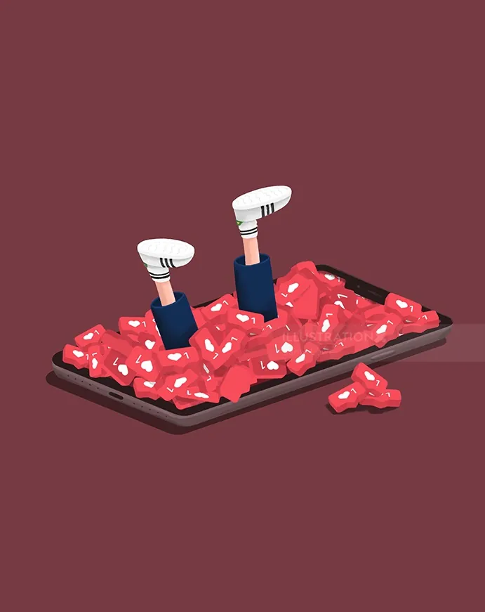 Person buried under social media likes on smartphone screen by Samy Löwe