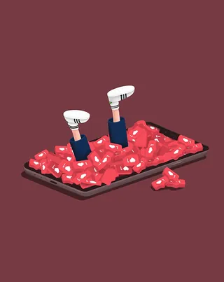 Person buried under social media likes on smartphone screen by Samy Löwe