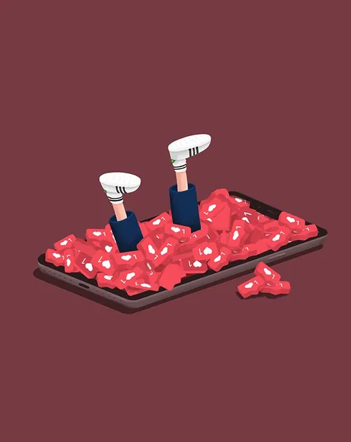Person buried under social media likes on smartphone screen by Samy Löwe
