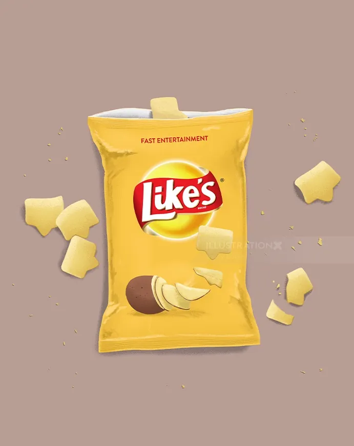 Yellow Like's potato chips bag with scattered star-shaped chips by Samy Löwe