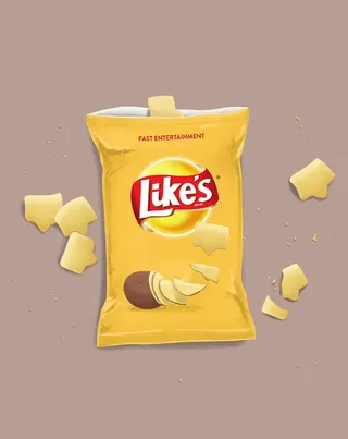 Yellow Like's potato chips bag with scattered star-shaped chips by Samy Löwe