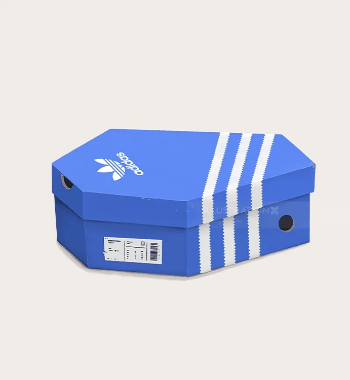 Blue Adidas shoe box with white stripes by Samy Löwe