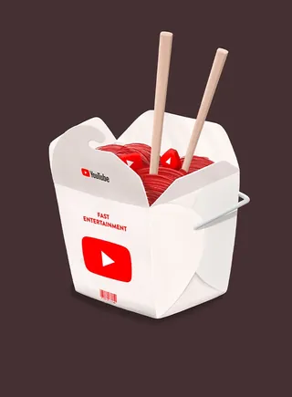 Takeout box with YouTube logo filled with red noodles and chopsticks by Samy Löwe