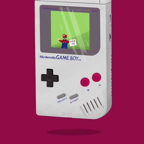 Nintendo Game Boy showing pixel art of a character on the screen by Samy Löwe