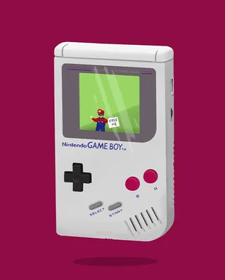 Nintendo Game Boy showing pixel art of a character on the screen by Samy Löwe
