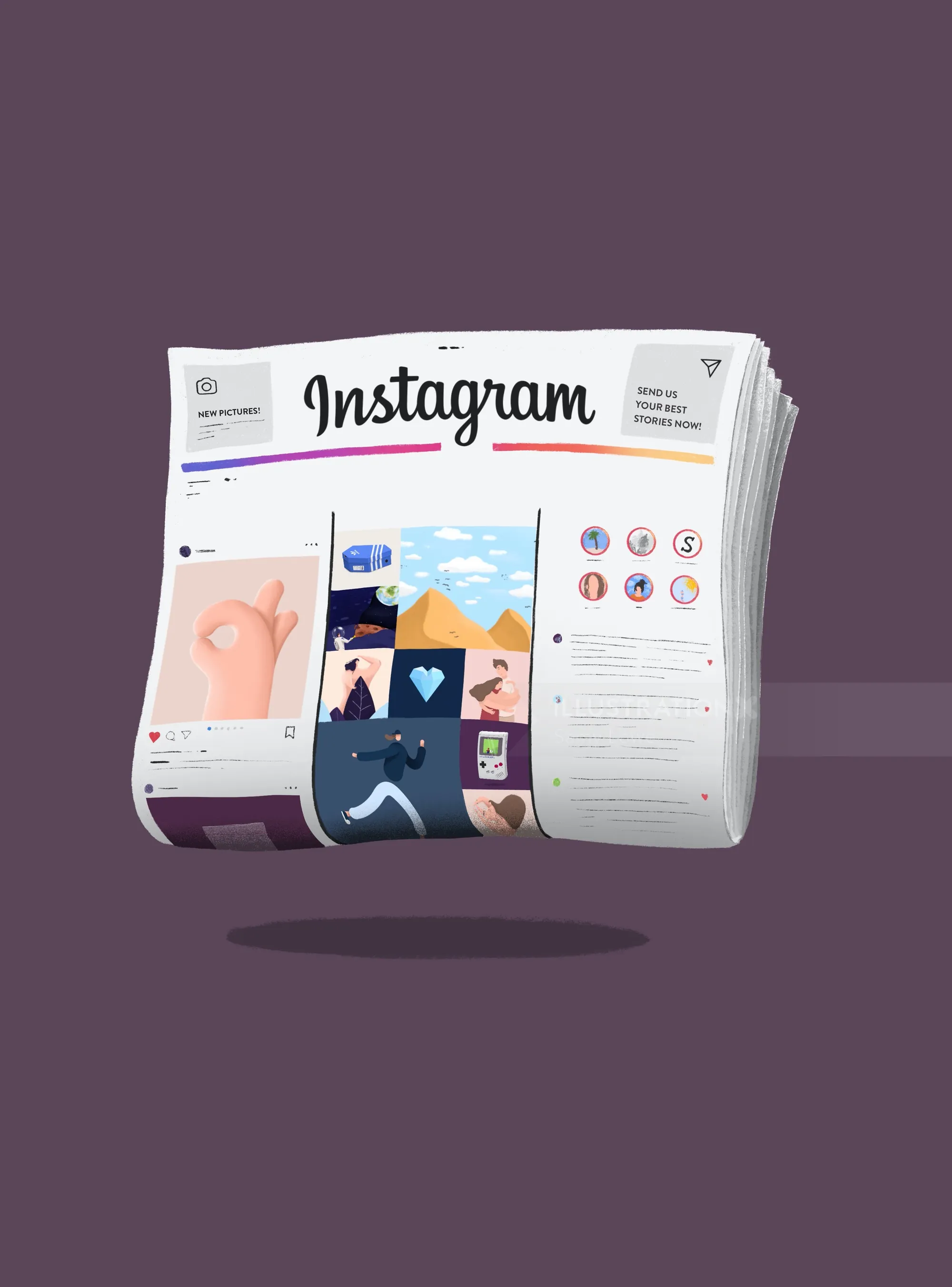 Illustration of Instagram interface as a newspaper, by Samy Löwe