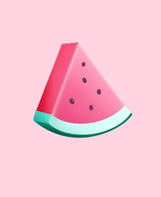 3D watermelon slice with seeds on a pale pink background by Samy Löwe