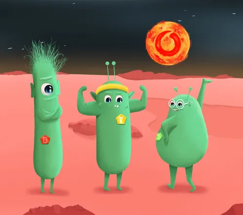 Three green alien characters on red planet landscape by Samy Löwe